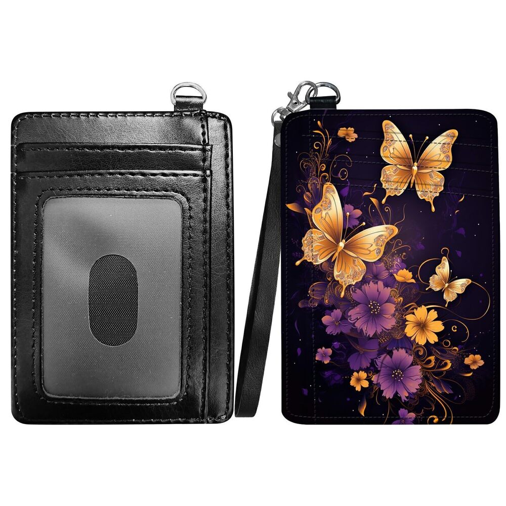 1577 Purple Butterfly Slim Minimalist Wallet with Lanyard Strap, PU Leather
